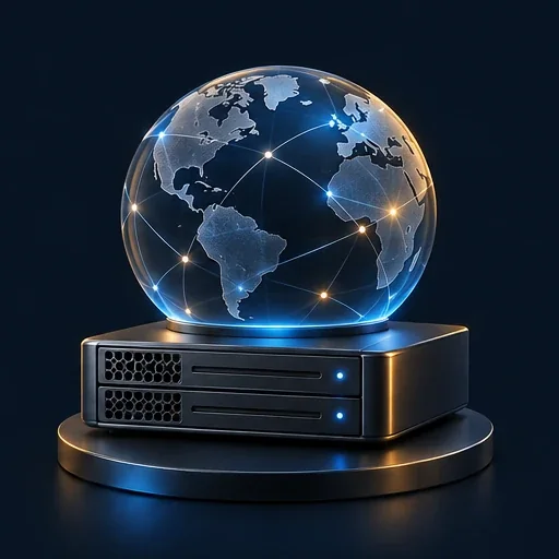 Ilustración 3D de un globo terráqueo sobre un servidor web